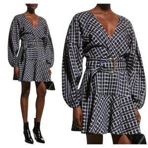 NEW Tanya Taylor Dress 4 Blue Plaid Nicola Belt Buckle Wrap Puff Sleeve Retro‎